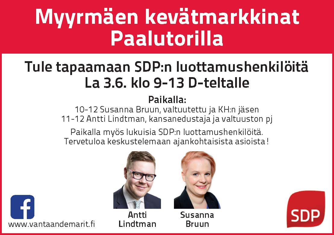 3.6. demarit Myyrmäen kevätmarkkinoilla. Tervetuloa tapaamaan luottamushenkilöitä.