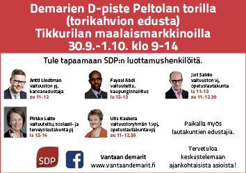 Tikkurilan maalaismarkkinat 30.9.-1.10. SDP:n D-teltta Peltolan torilla torikahvion edessä. Tervetuloa.