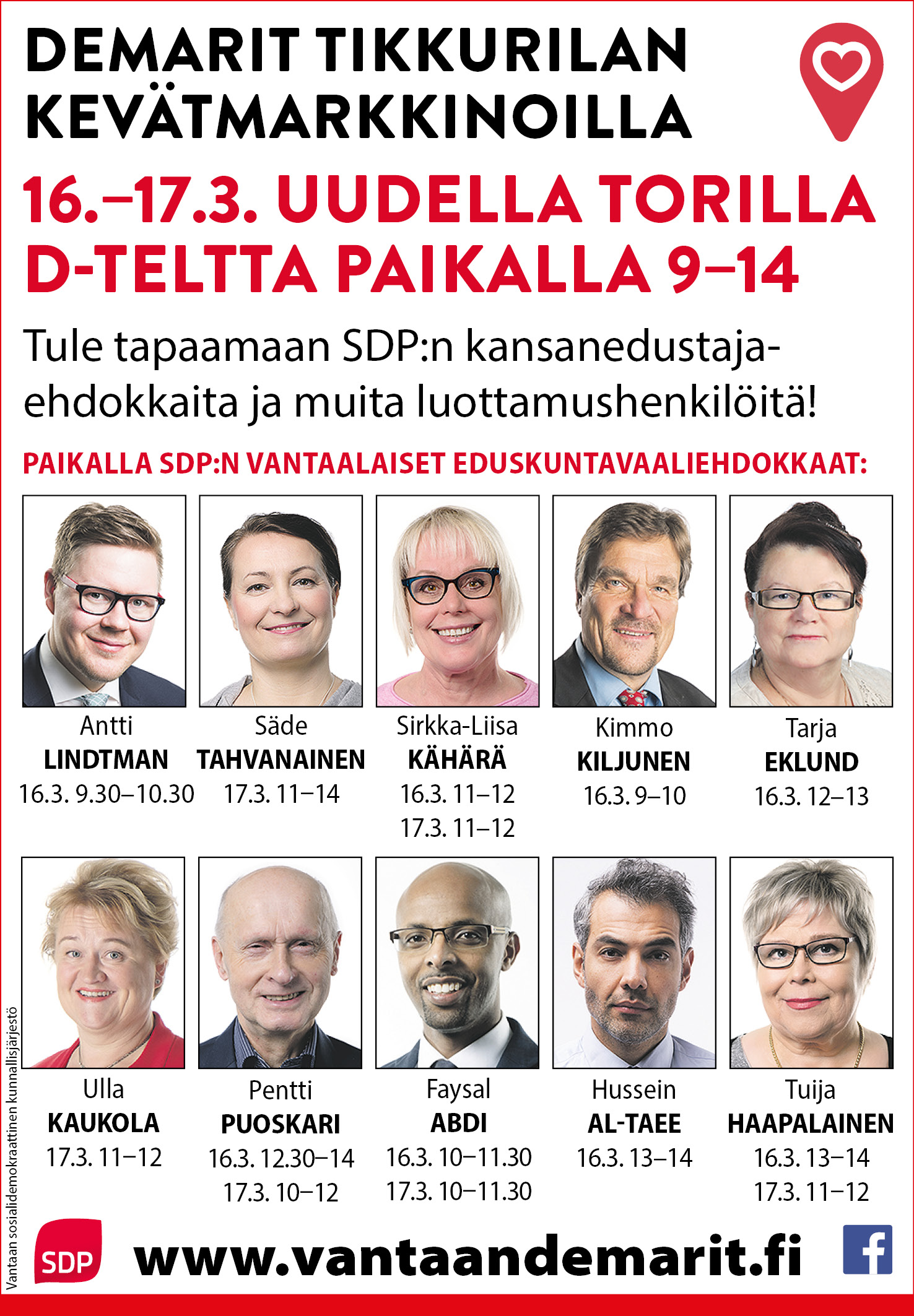 SDP:n eduskuntavaaliehdokkaita Tixin markkinoilla 16.-17.3.