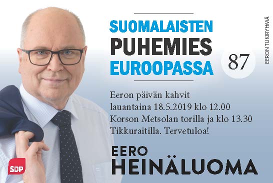 La 18.5. eurovaaliehdokas Eero Heinäluoma tarjoaa Eeron päivän kahvit Vantaalla. Tervetuloa.