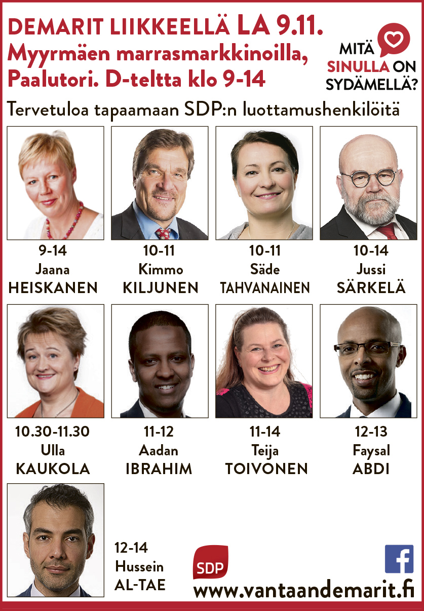 La 9.11. tule tapaamaan SDP:n luottamushenkilöitä Myyrmäen marrasmarkkinoille Paalutorille.