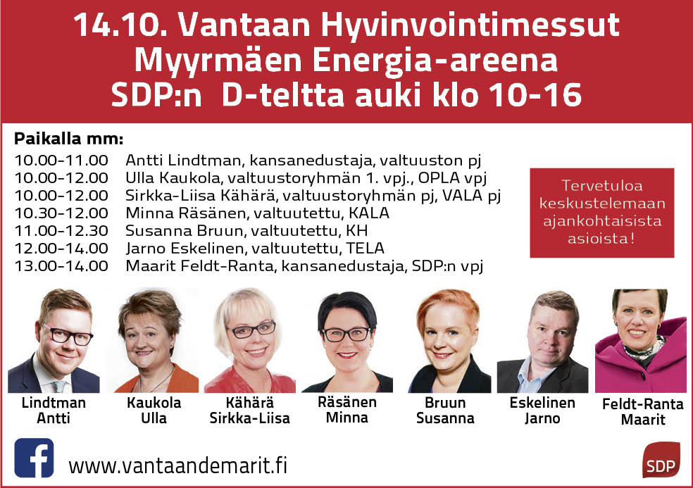 14.10. klo 9-16 Vantaan demarit Vantaan hyvinvointimessuilla, Myyrmäessä Energia Areenalla