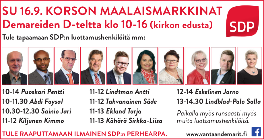 16.9. demarit Korson maalaismarkkinoilla. Tervetuloa keslustelemaan ajankohtaisista asioista.