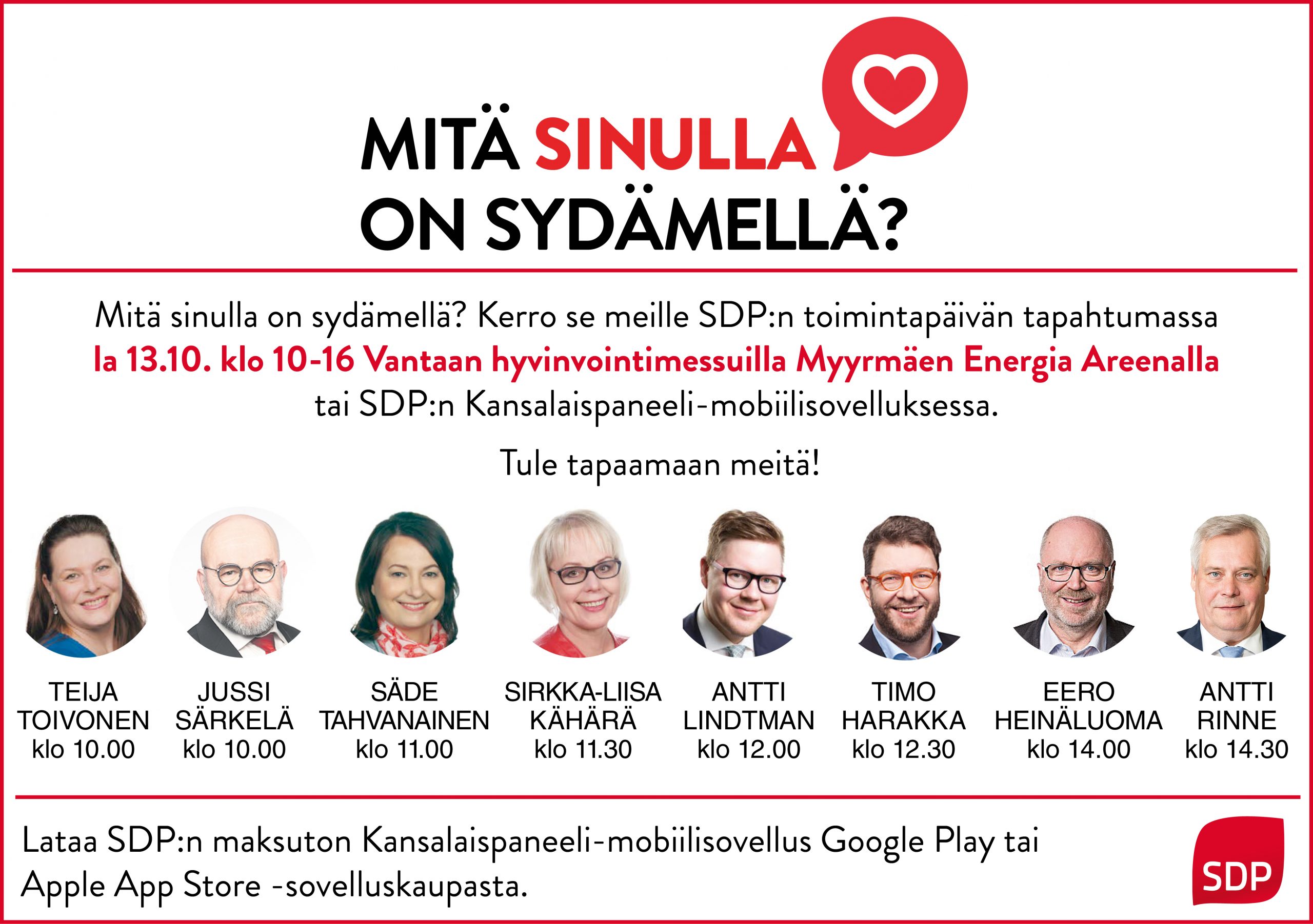 Vantaan demareiden toimintapäivä hyvinvointimessuilla 13.10. klo 10-16. Myyrmäen Energia Areenalla.