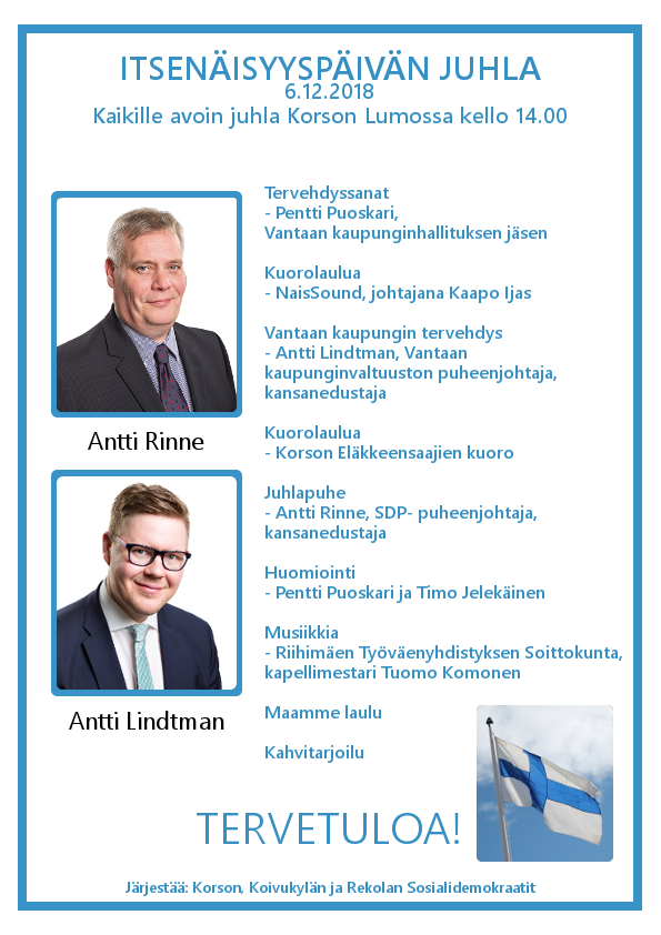 6.12. klo 14 itsenäisyyspäivän juhla Korson Lumossa. Tervetuloa!