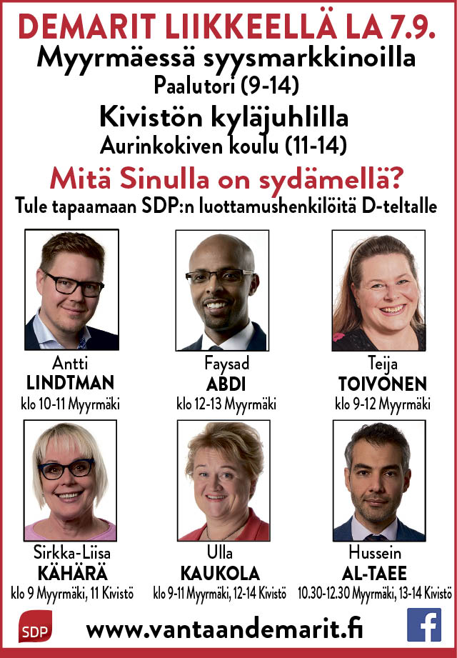 Demarit liikkeellä la 7.9. Tule mukaan keskustelemaan.